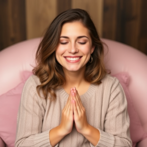 a woman with her hands together in front of her face