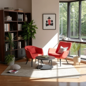 a room with red chairs and a table