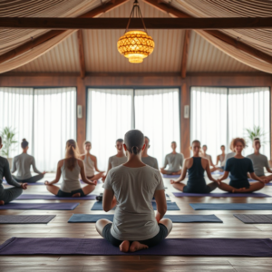 a group of people sitting on mats in a room
